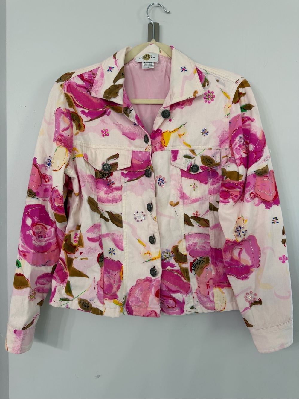 Vintage Sandy Starkman 100% Cotton Pink Floral beaded lined denim jacket Small